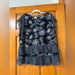 CAbi Navy & White Floral Tiered Chiffon Blouse